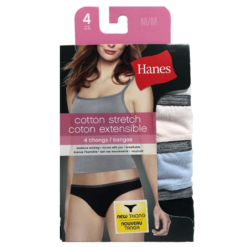 Hanes Ladies Cotton Stretch Thong 4pk - Assorted