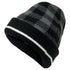 A black and gray plaid knit beanie hat with a black ribbed cuff and a white stripe accent
