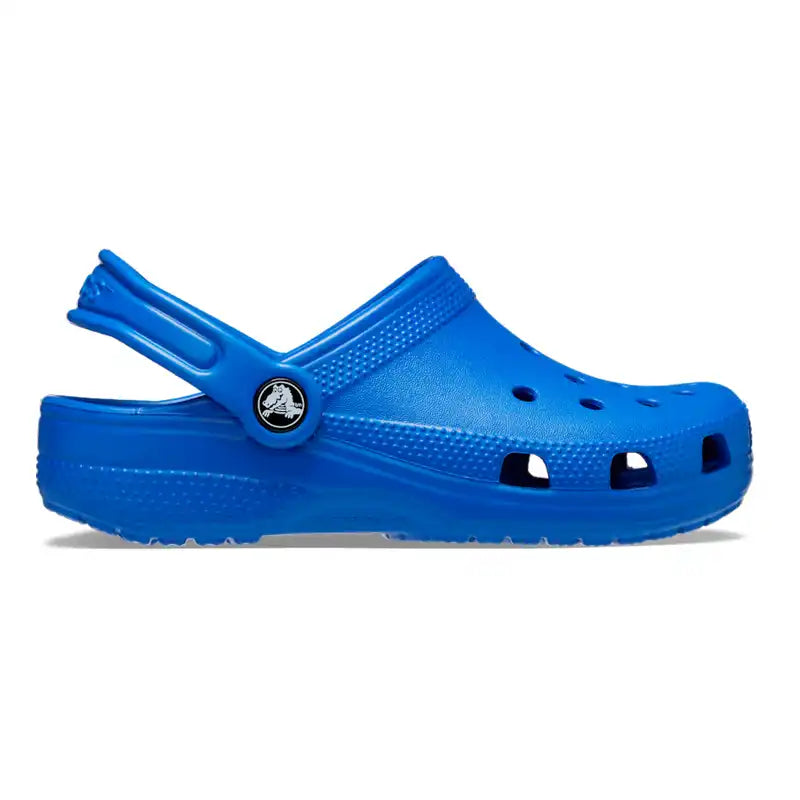 Blue clog sandal with a Crocs brand logo