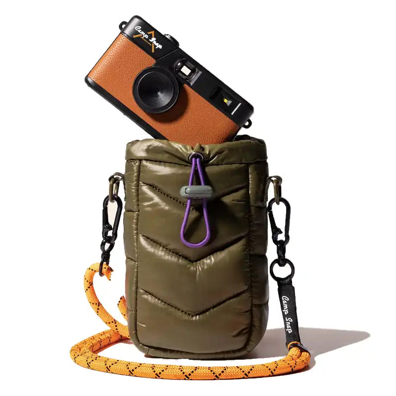 Green Sleeping Bag Camera Bag for Camp Snap Cameras with camera for scale