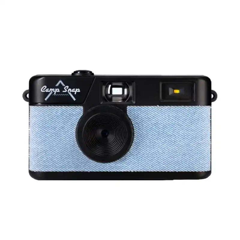 Camera with denim texture and 'Camp Snap' branding on a white background
