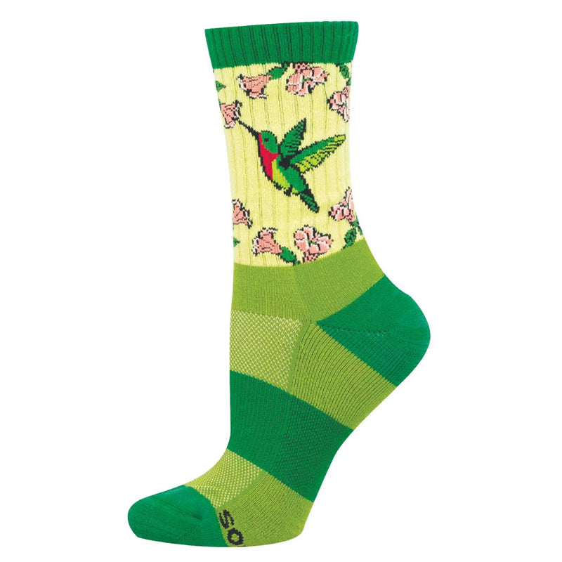 A single crew sock with a green cuff, lime green and forest green striped lower section, and a pale yellow upper section featuring a hummingbird and pink flowers.