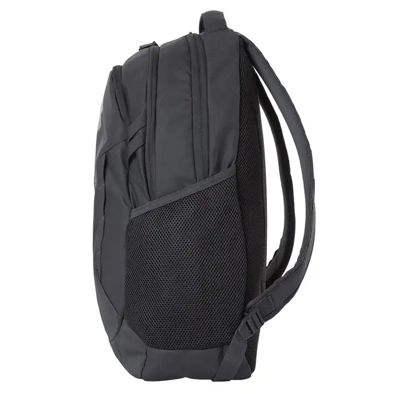 A dark gray backpack shown from the side profile 
