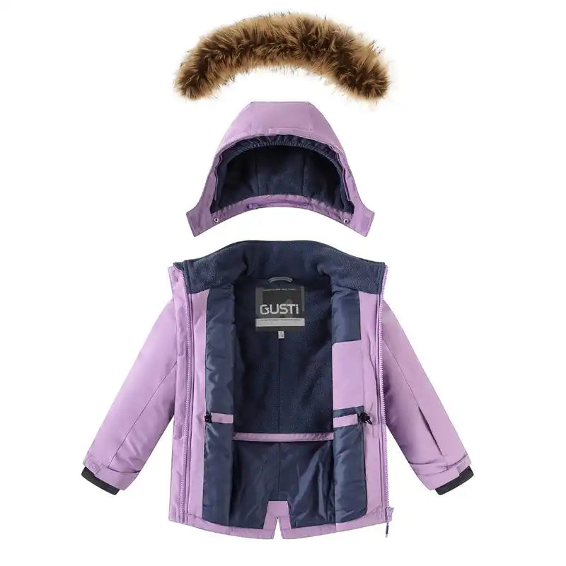 Purple Girls winter jacket with fur-lined hood