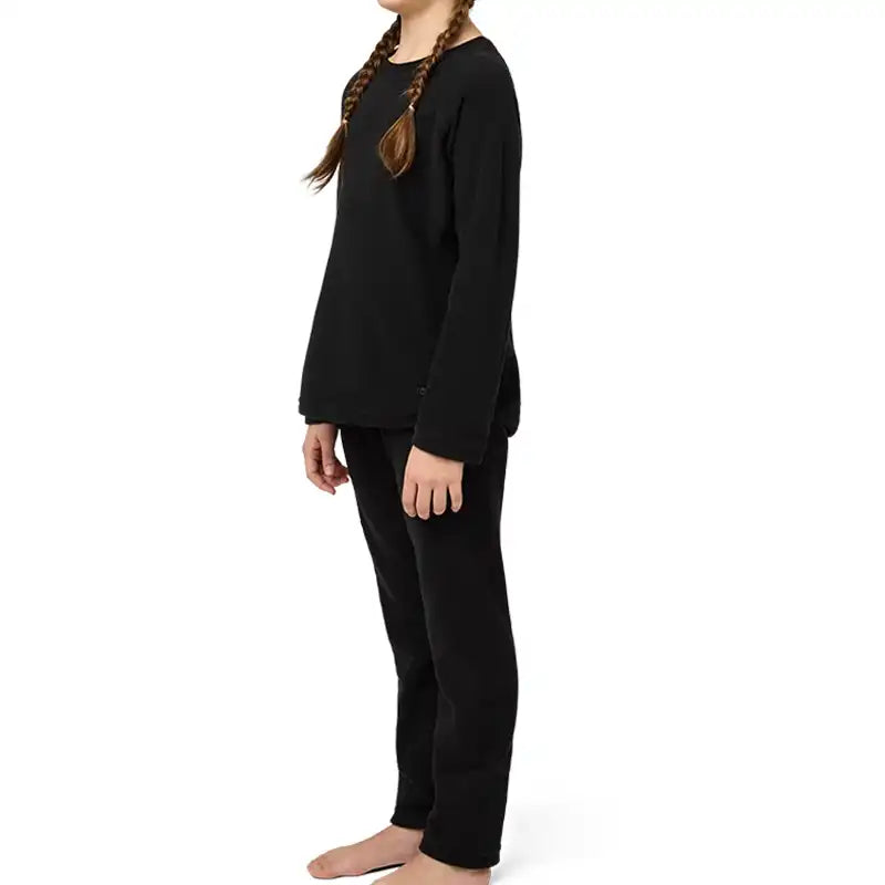 Profile view of someone wearing kids fleece long underwear.