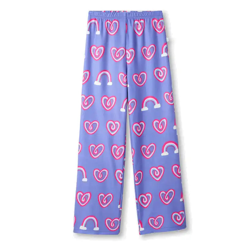 Purple pajama pants with pink heart and rainbow pattern