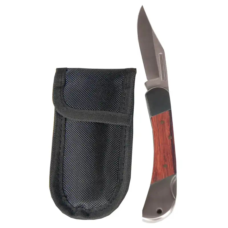 Folding knife with a wooden handle and black sheath