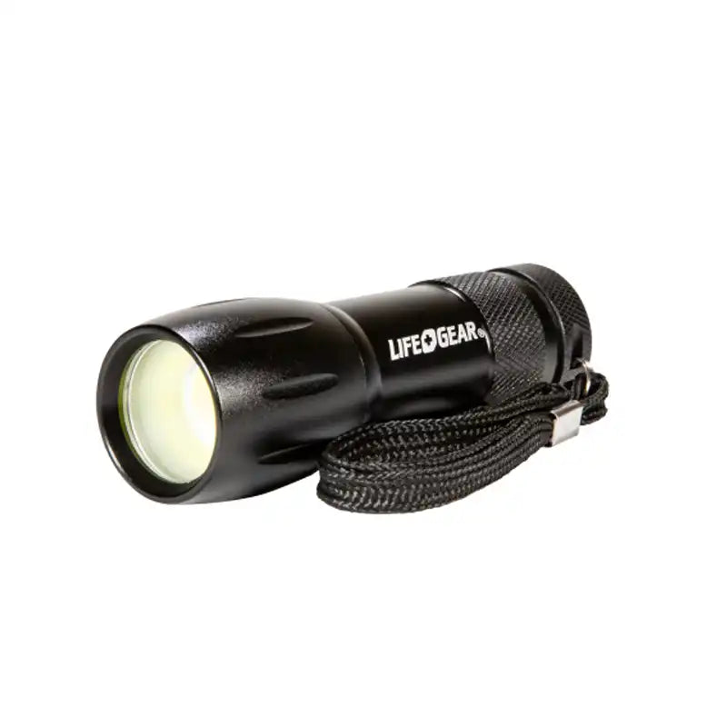 Black aluminum flashlight with lanyard