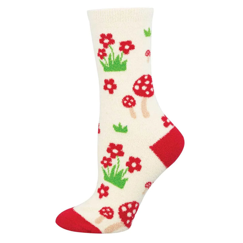 Soft P.J. Socks with cheerful red mushrooms and flowers.