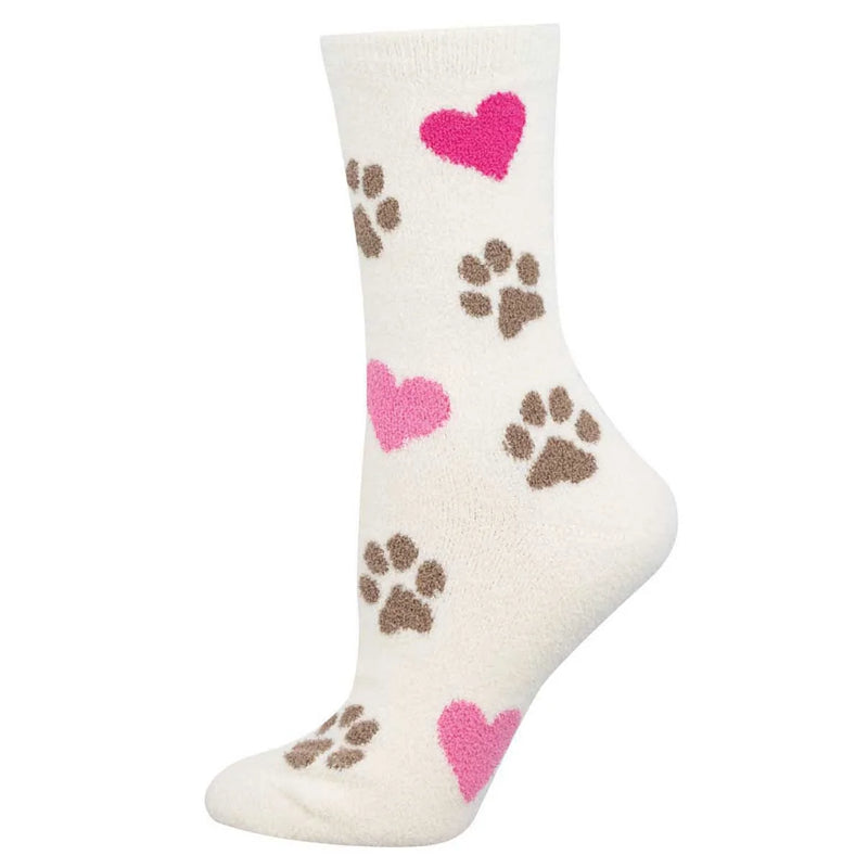 White Pajama Knit socks with paw prints and hearts