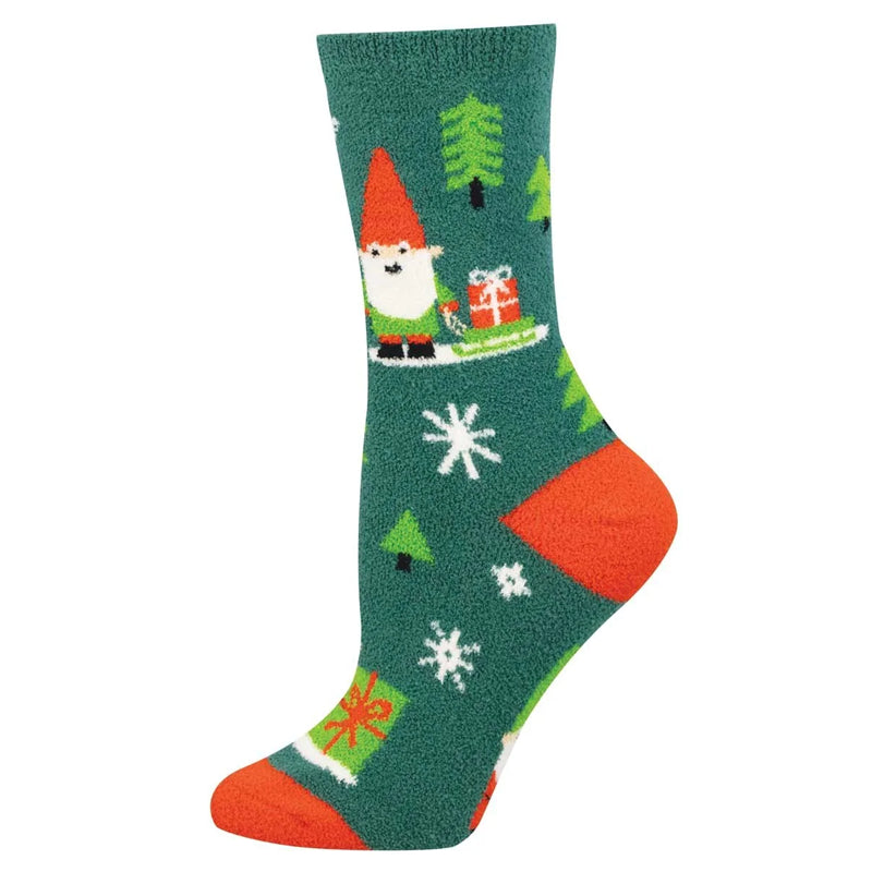 Soft P.J. Socks with festive garden gnomes, snowy accents and wrapped presents.