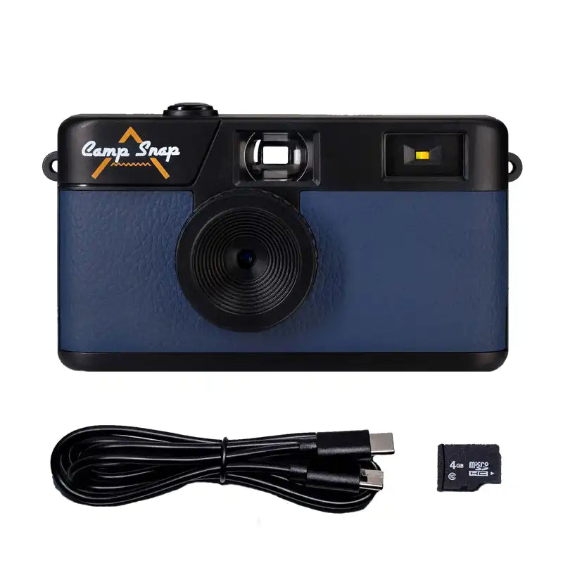 Blue camera with USB cable and memory card on a white background