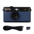 Blue camera with USB cable and memory card on a white background