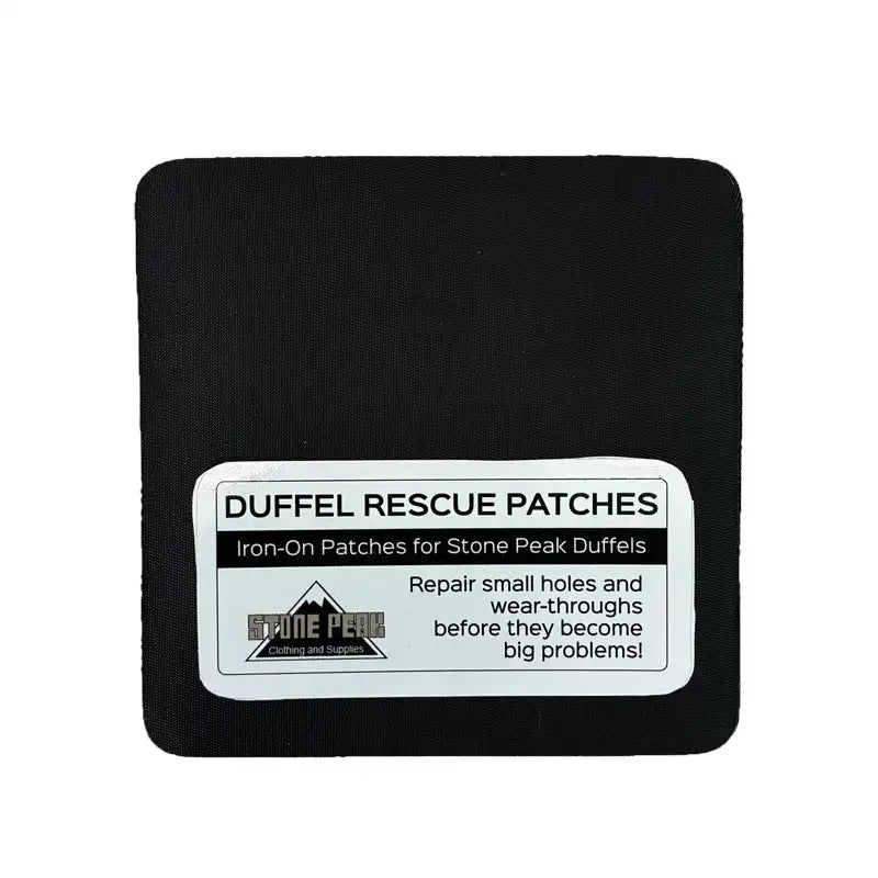 A square black Duffel Rescue Patch with a white and black label from Stone Peak,