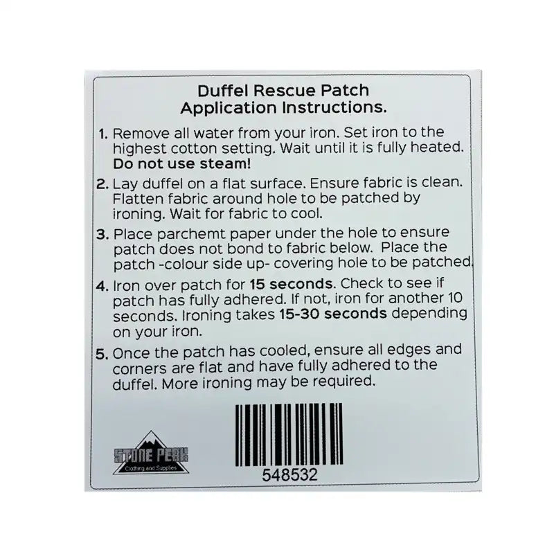 The back of a Duffel Rescue Patch package showing application instructions in black text on a white background, with a barcode and the Duffel Rescue Patch logo at the bottom.
