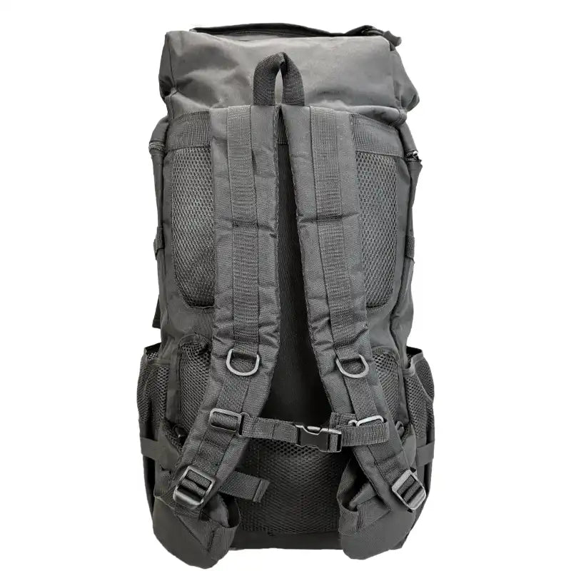A dark gray tactical backpack shown from the back, featuring padded shoulder straps, mesh ventilation panels, and plastic buckle closures,