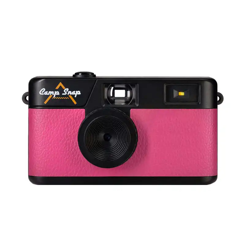 Pink and black camera with 'Camp Snap' branding on a white background