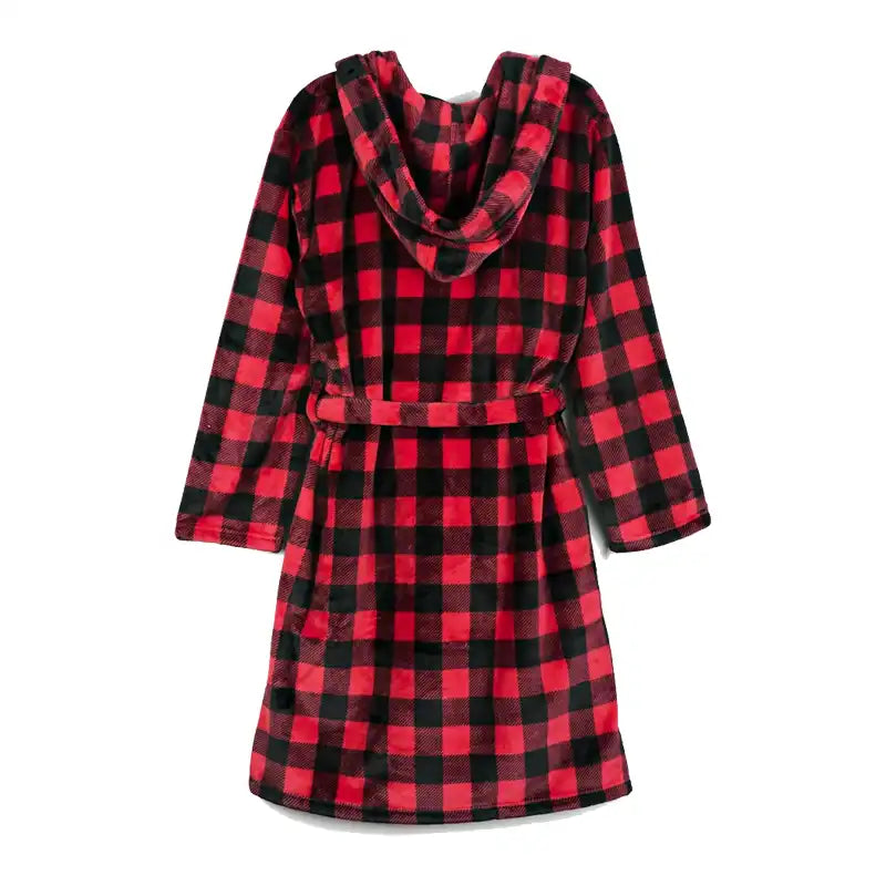 Back view of hooded plaid bath robe