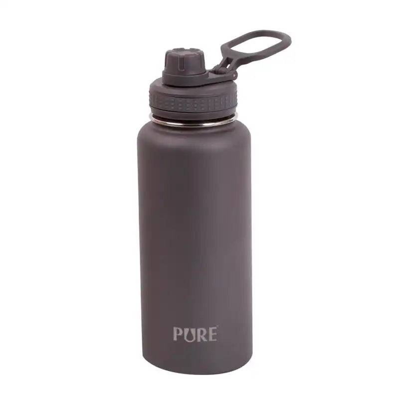 Grey Stainless steel water bottle with a threaded drink spout