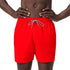 A close-up of bright red Speedo swim trunks with a white drawstring, 
