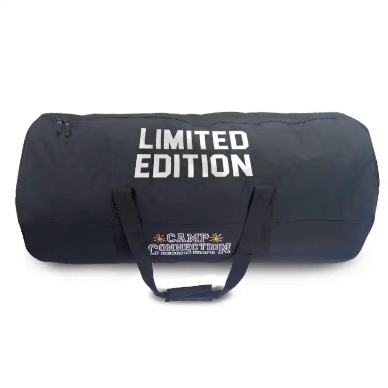Black duffel bag with 'Limited Edition' text and 'Camp Connection' logo