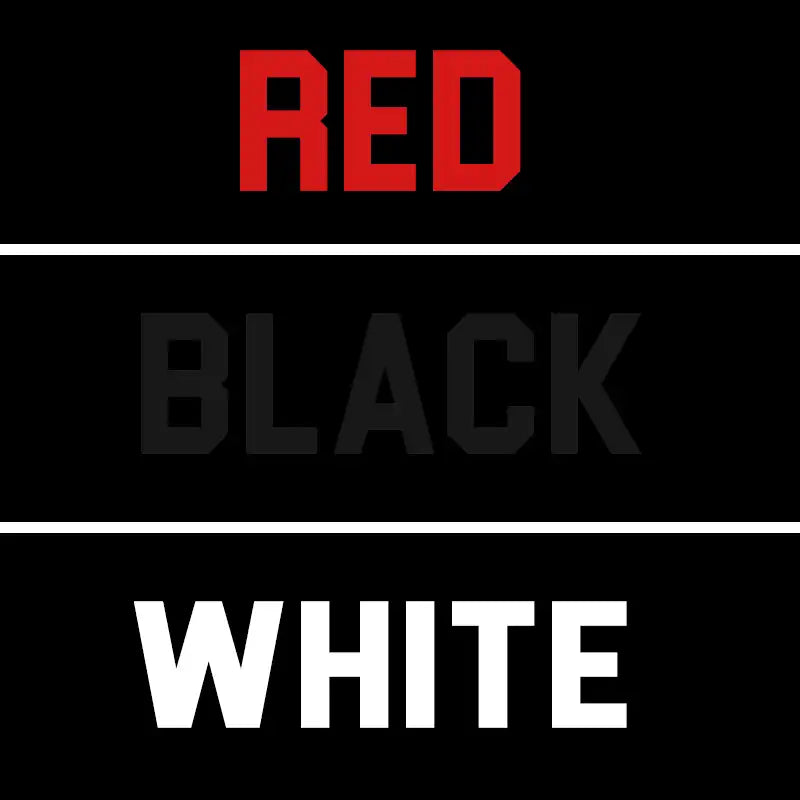 Color swatch with text labels 'Red', 'Black', and 'White' on a black background