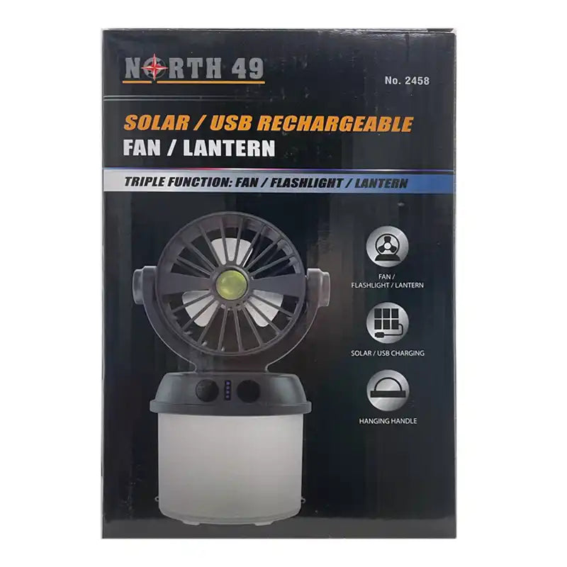 Packaging of a solar/USB rechargeable fan lantern with North 49 branding.