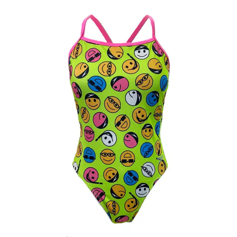 One-piece swimsuit with smiley face pattern