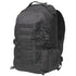 A black tactical backpack with multiple zippered compartments, MOLLE webbing, and padded shoulder straps