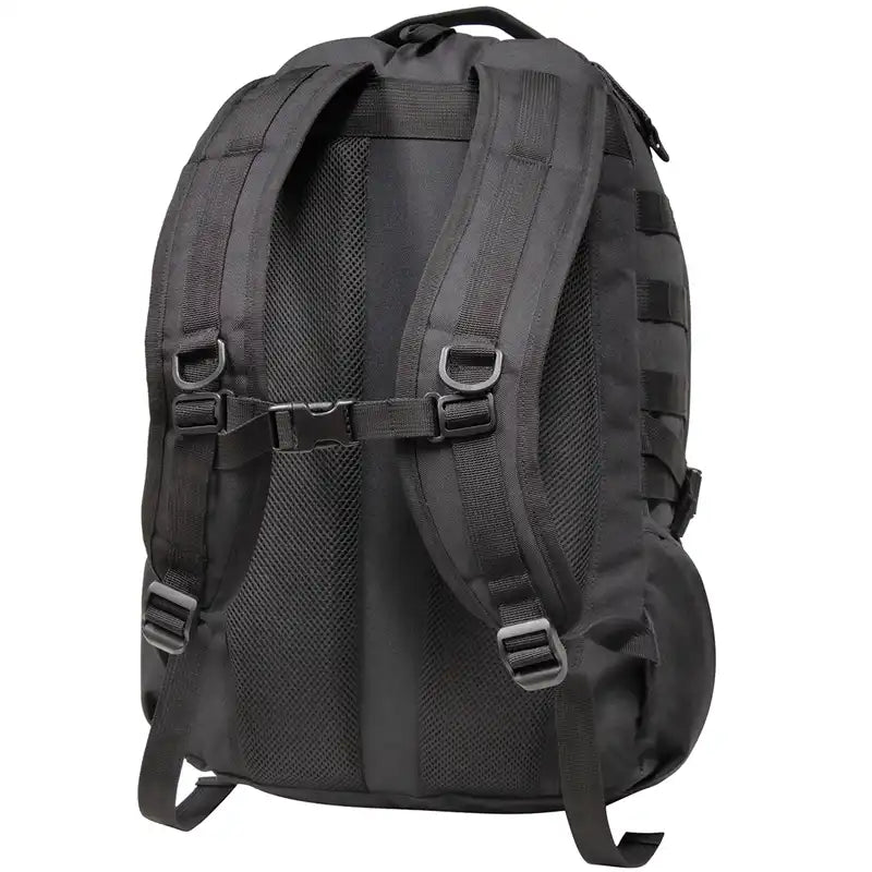 Black tactical backpack shown from the back, featuring a breathable mesh back panel, padded shoulder straps with quick-release buckles, and side compression straps,
