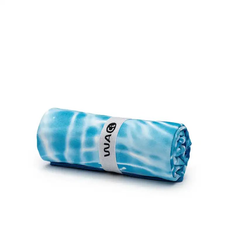 Rolled-up microfiber towel with blue and white pattern