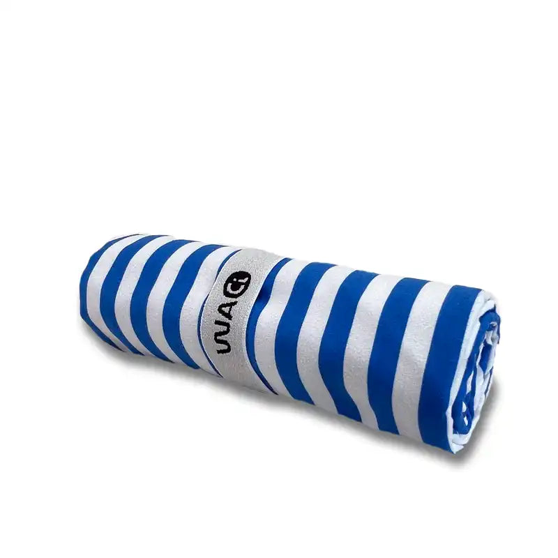 Roll of blue and white striped microfiber towel