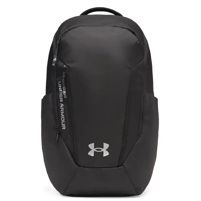 A black Under Armour backpack with a silver logo on the front, 