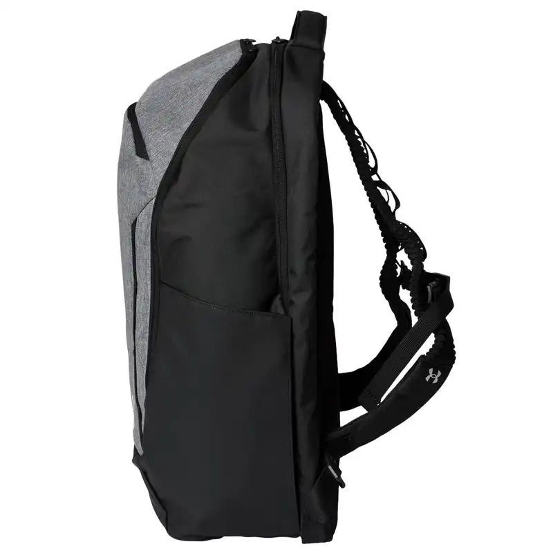A black and gray athletic backpack shown from a side profile view against 