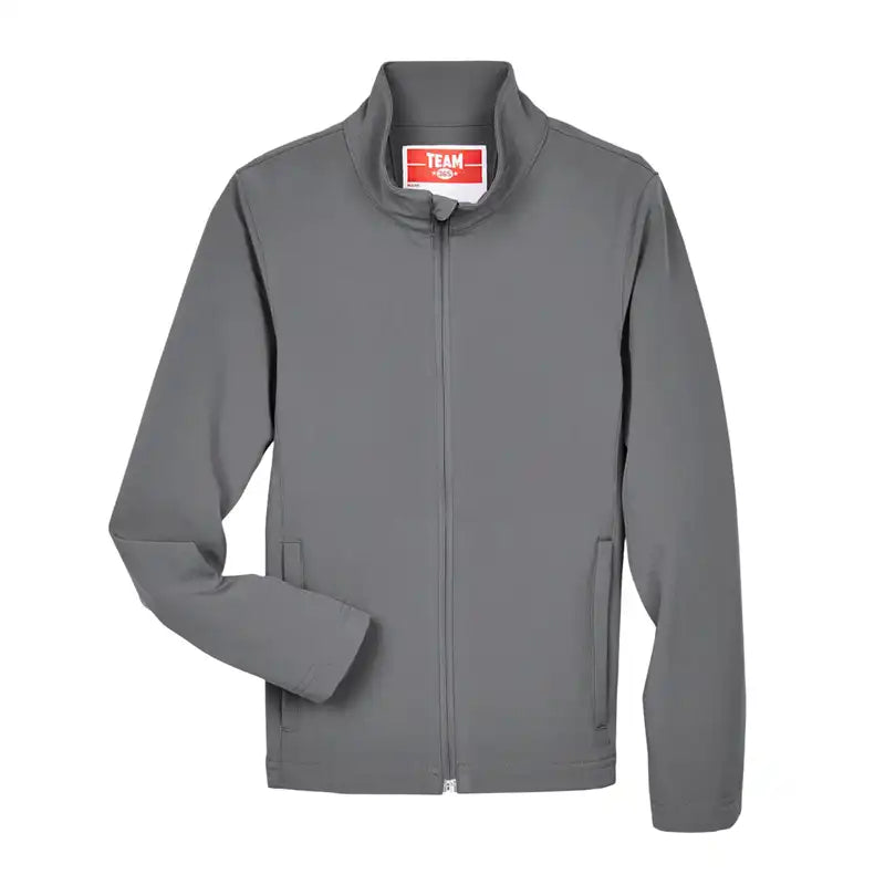 A gray zip-up jacket with a stand-up collar and side pockets