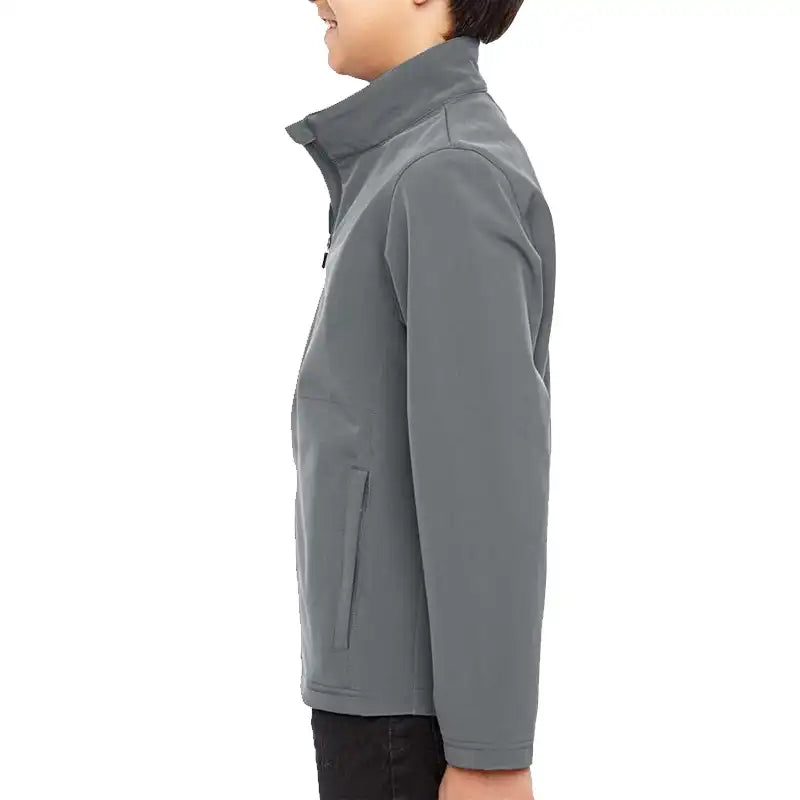 A side profile view of a gray zip-up jacket with a stand-up collar and zippered hand pockets