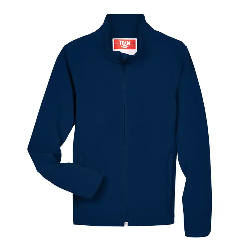 A navy blue zip-up jacket with a stand-up collar, displayed on a clean white background.