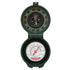 A green dual-function compass and thermometer pocket tool with a topographic compass dial showing N/S/E/W directions and a separate white analog thermometer dial inside the lower half.