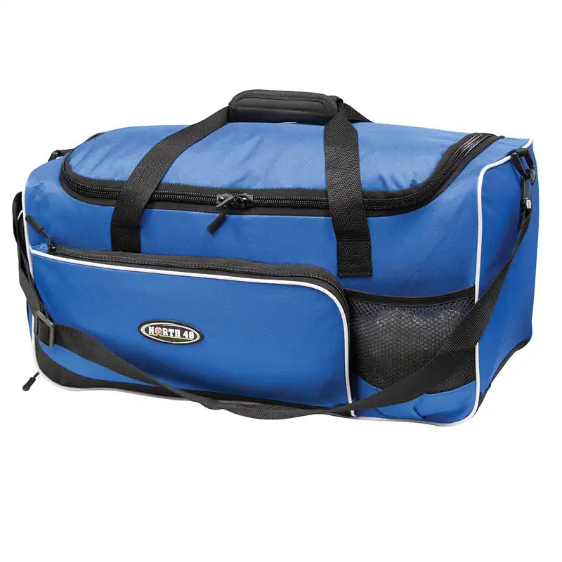 Blue Gym duffel bag with white trim
